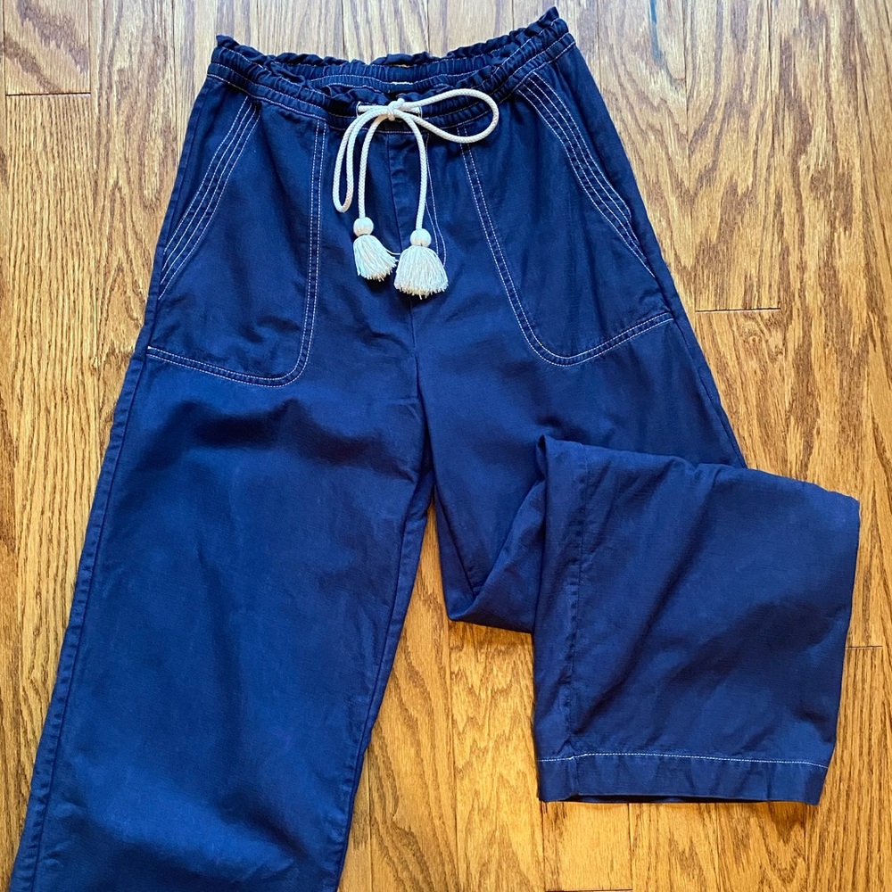 Navy Wide Leg Pants With Rope Drawstring and Contrast Stitching - Picture 5 of 6